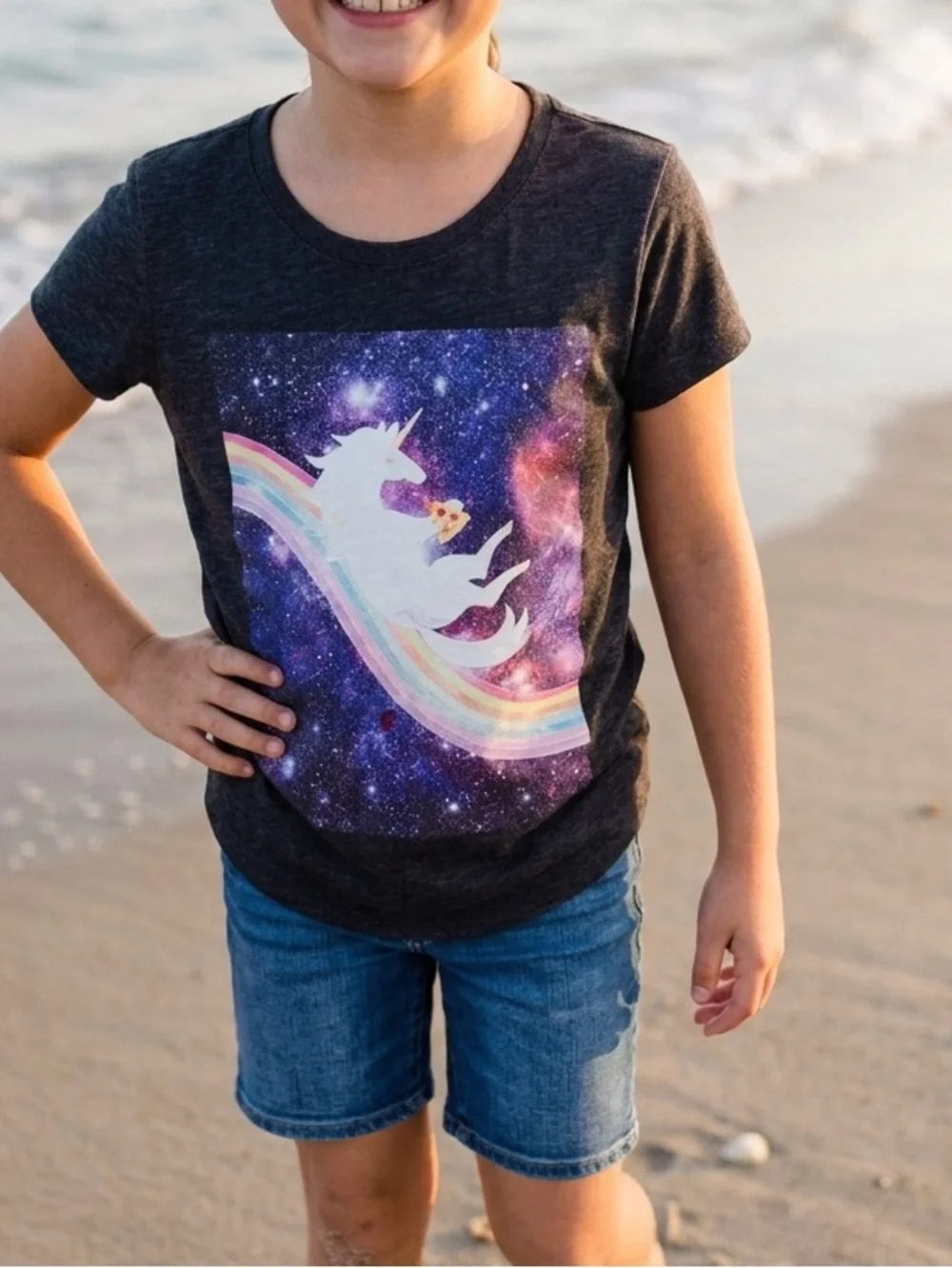 Old Navy Charcoal Gray Purple Crewneck Tee T-Shirt Unicorn Celestial Girl XL 14